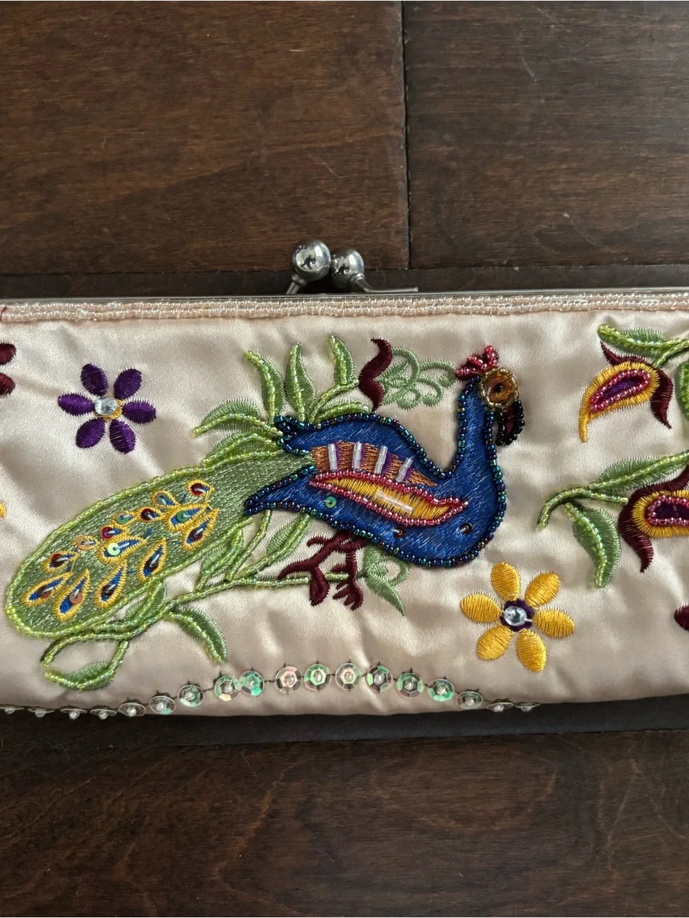 Chateau Vintage-Style Beaded & Embroidered Peacock Satin Kiss-Lock Clutch